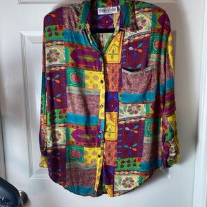 Vintage Multicolor Patch Work Shirt Button Down Long Sleeve Size Medium